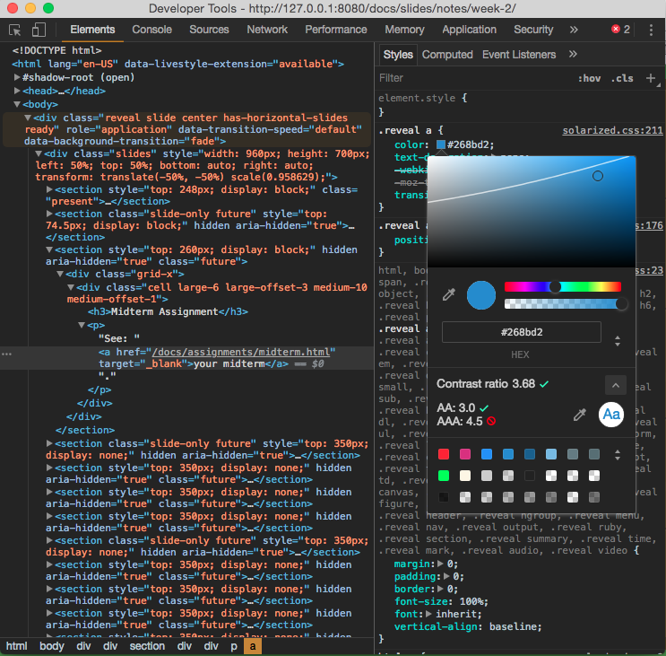 Screenshot of the Chrome devtools contrast ratio report in the colour picker